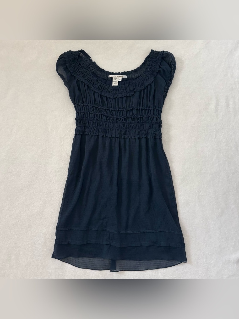 Max Studio Navy Smocked Ruffle Off The Shoulder Midi Dress